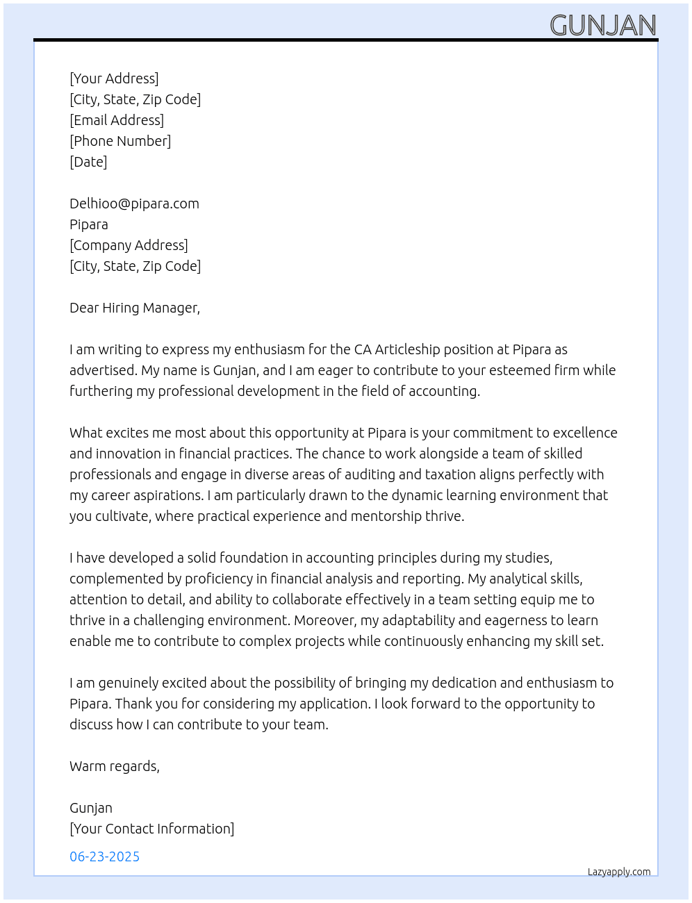 ca articleship At pipara Cover Letter