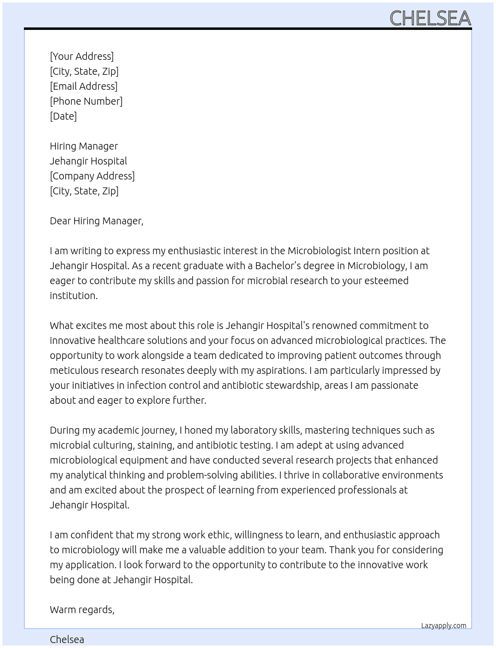 Microbiologist intern ( fresher) At Jehangir Hospital Cover Letter
