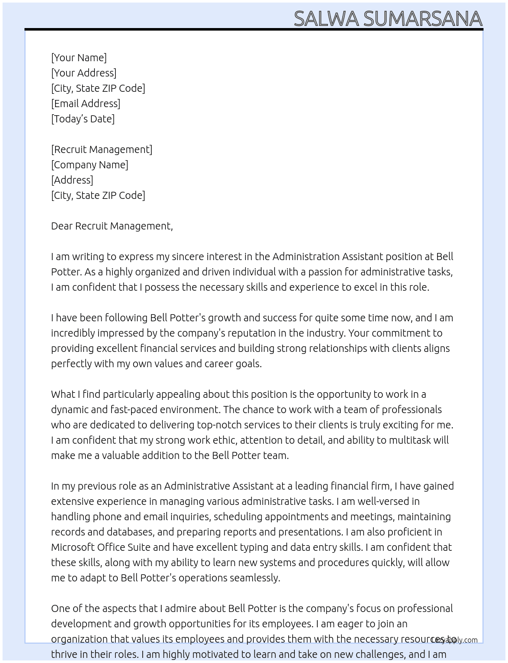 Administration Assistant At Bell Potter Cover Letter