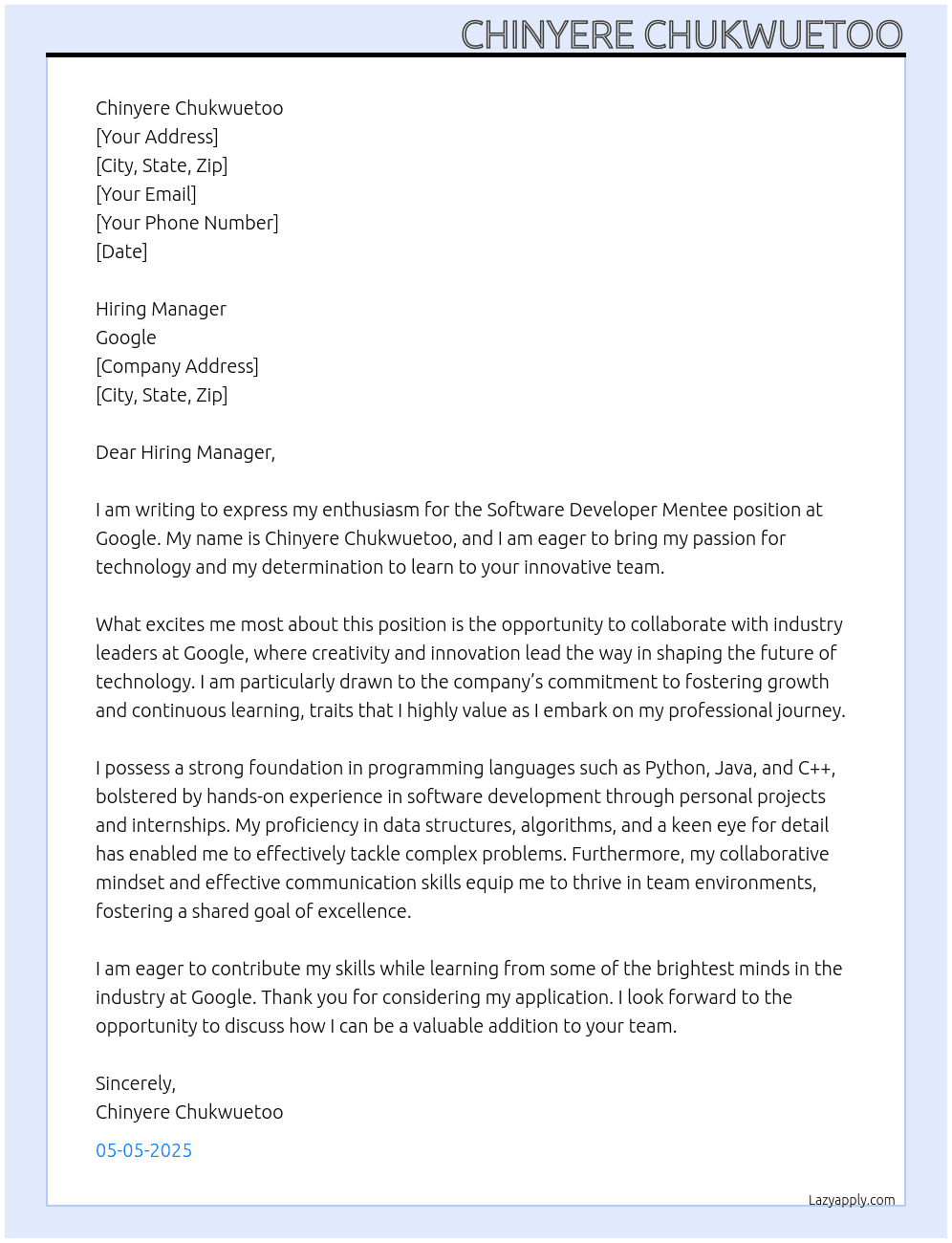 Cover letter for software developer mentee - LazyApply