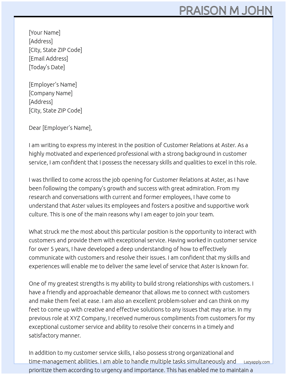 customer relation At aster  Cover Letter