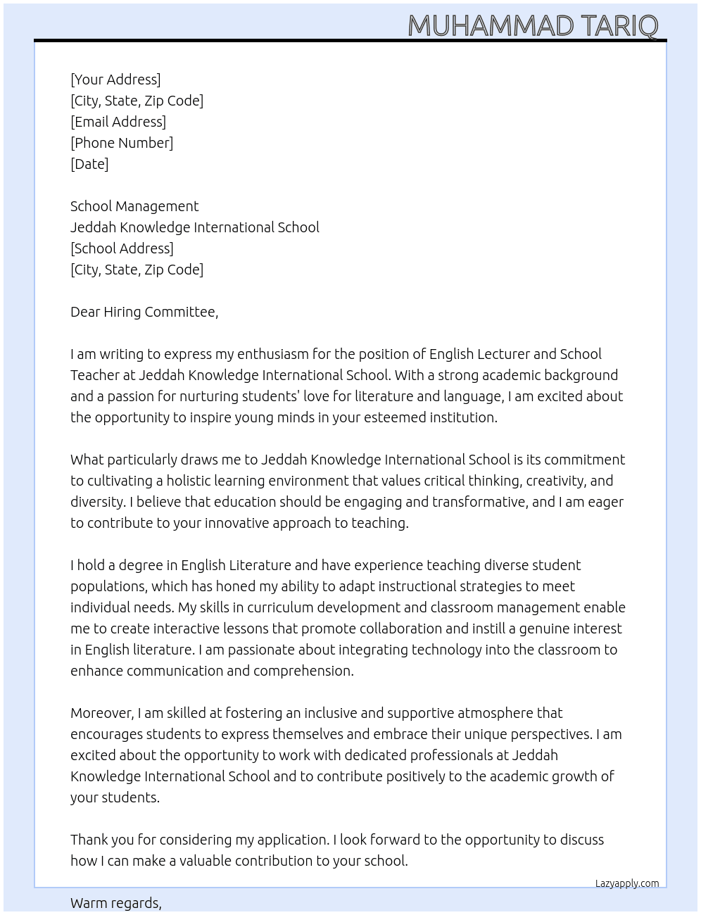 English lecturer and school teacher At School management  Cover Letter