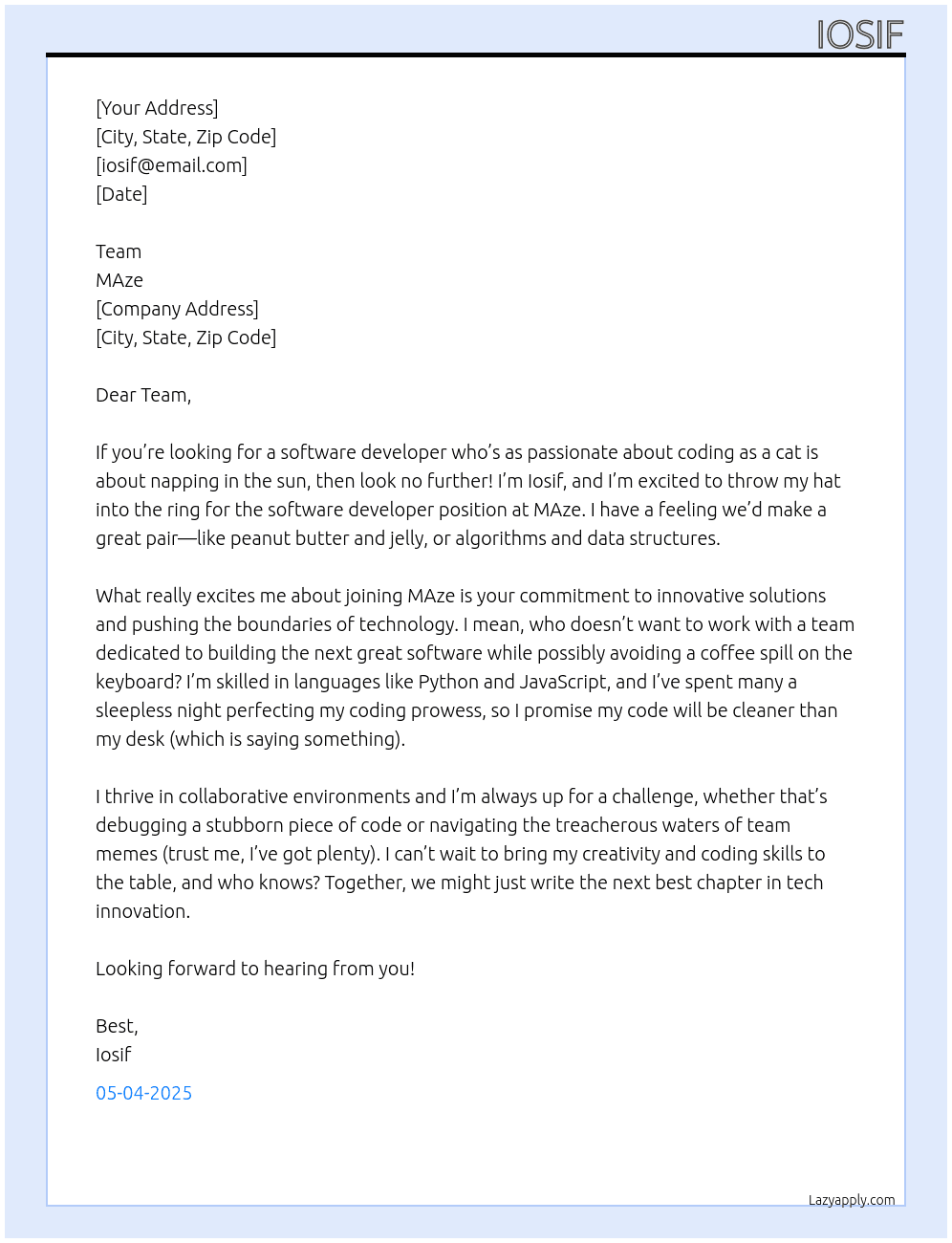 software developer At MAze Cover Letter