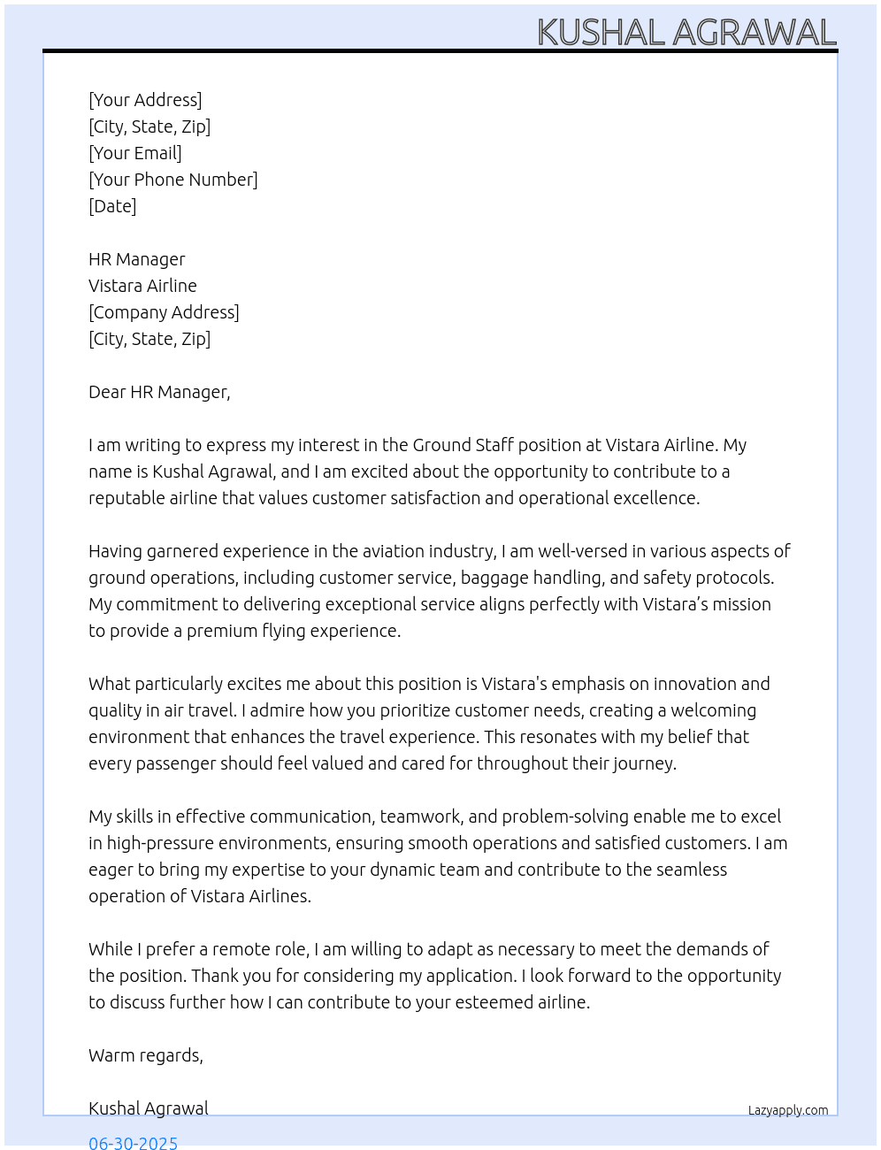 Ground staff  At Vistara Airline  Cover Letter