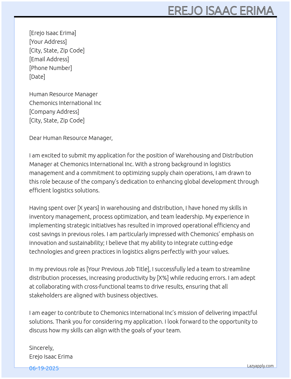 Warehousing and distribution Manager  At Chemonics International Inc Cover Letter