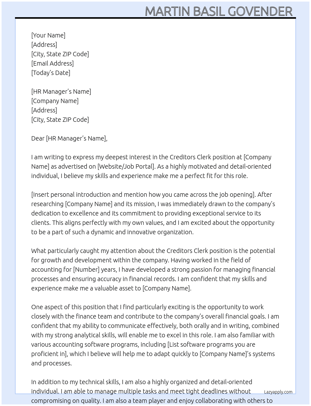 Creditors clerk  At Company  Cover Letter