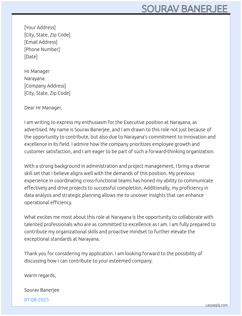Executive  At Narayana  Cover Letter