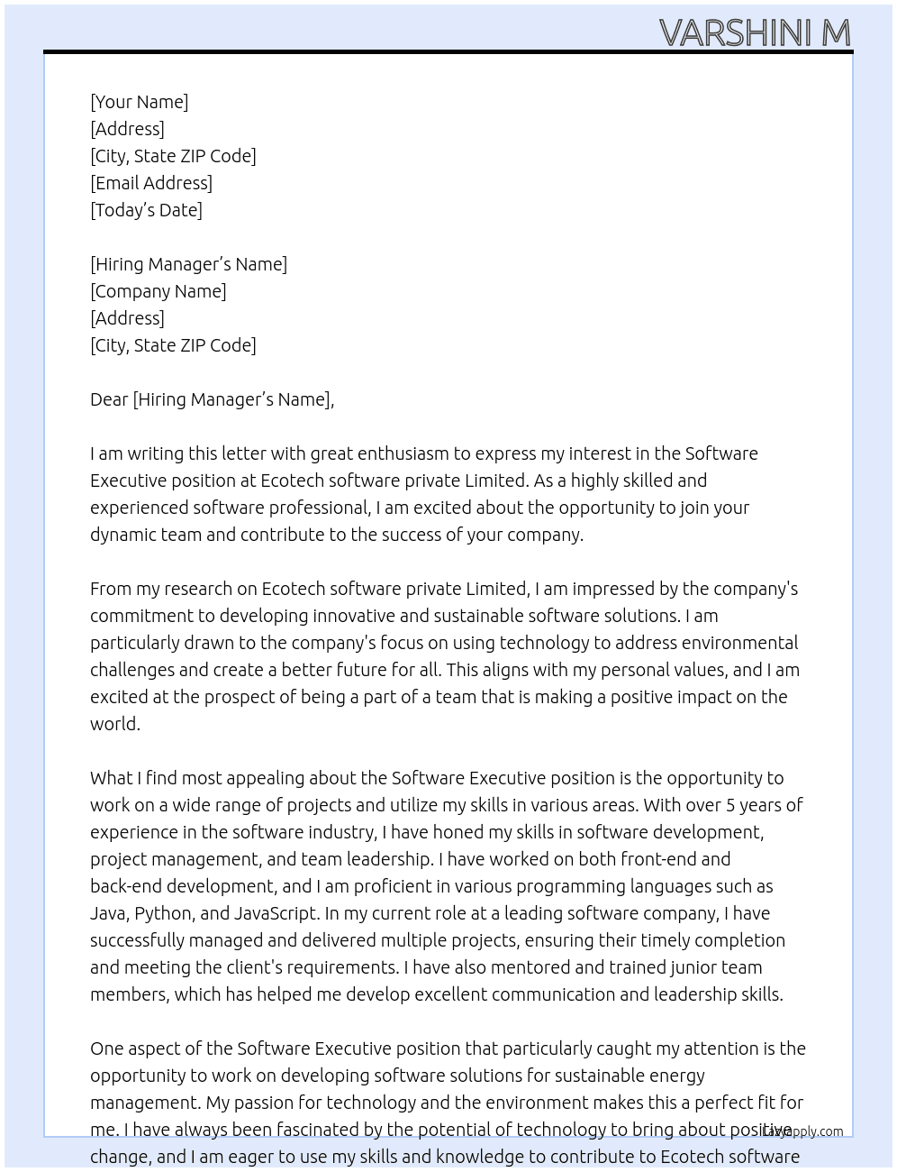 Software Executive  At Ecotech software private Iimited  Cover Letter