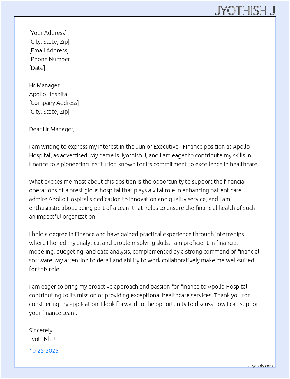 Cover letter for junior executuve - finance - LazyApply