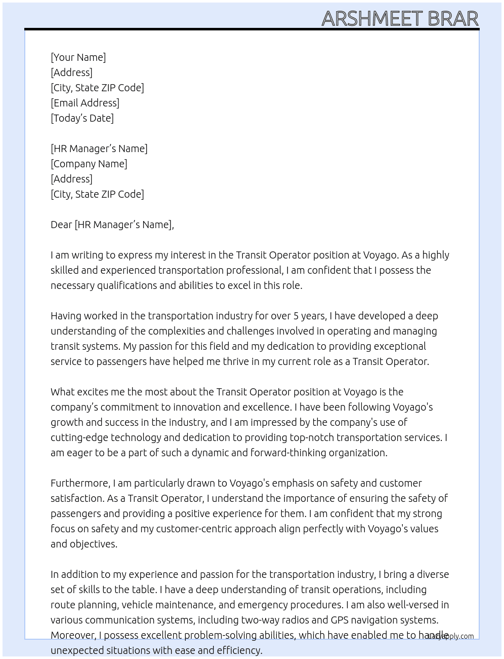 Cover letter for transit operator - LazyApply