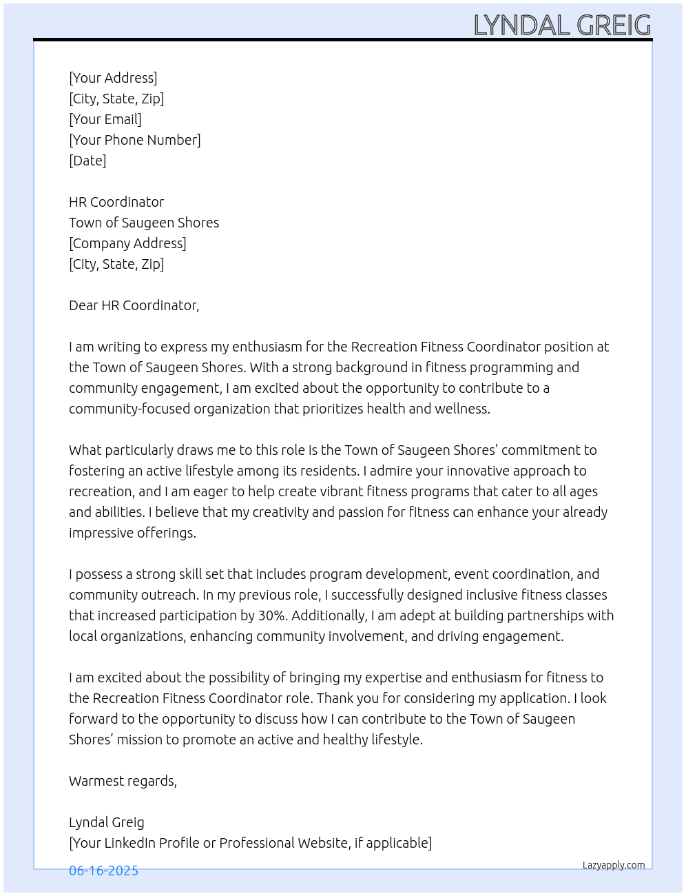 Recreation Fitness Coordinator At Town of Saugeen Shores Cover Letter