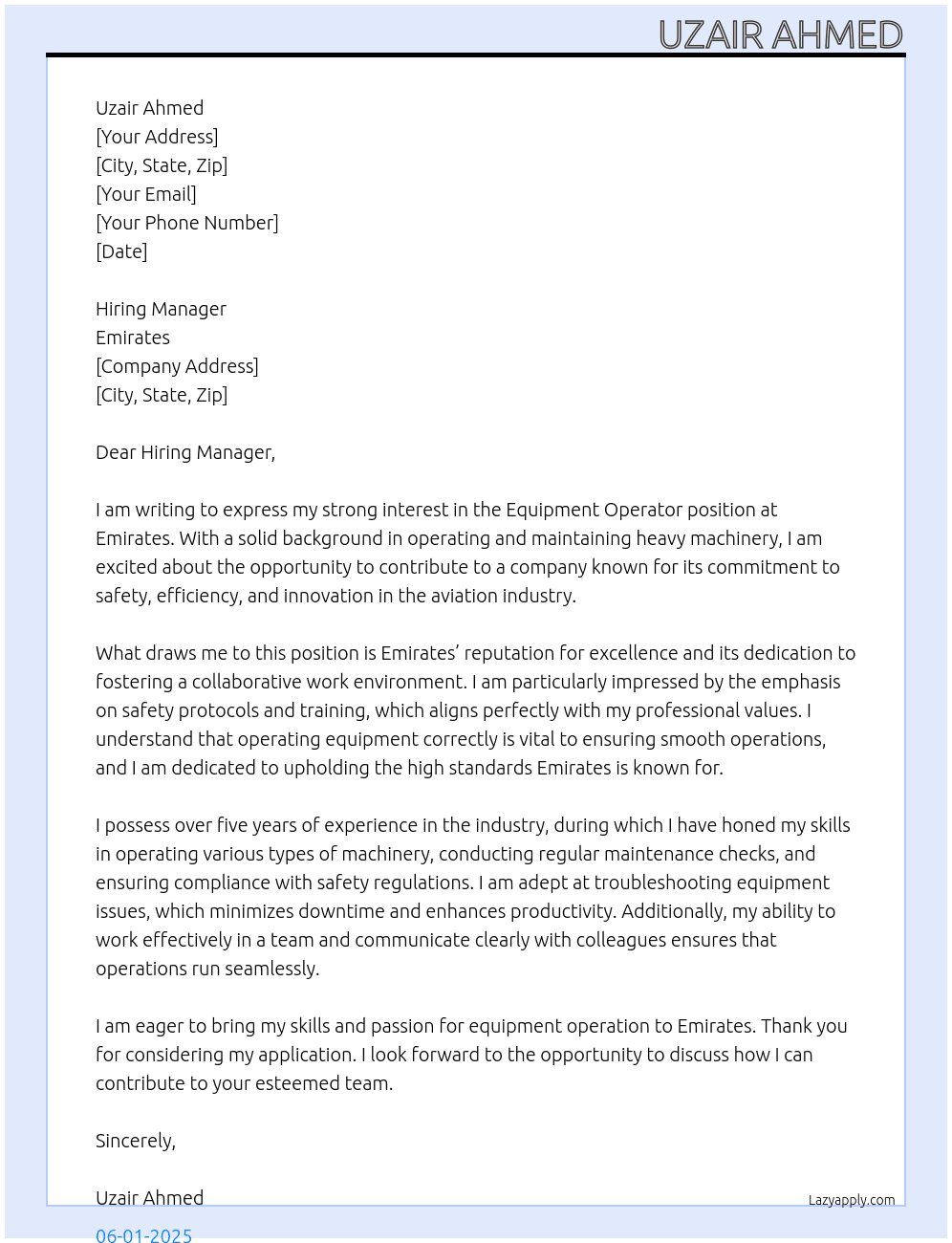 Equipment Operator At emirates Cover Letter