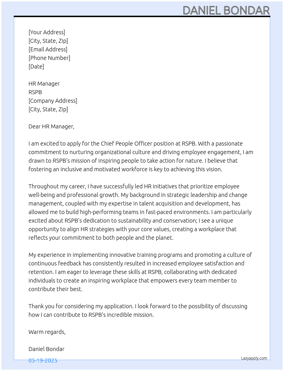 Chief People Officer At RSPB Cover Letter