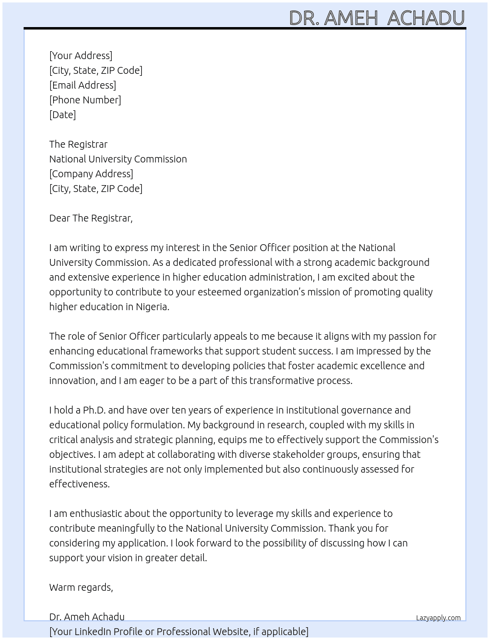 Cover letter for senior officer - LazyApply