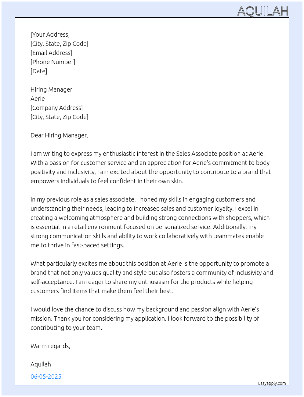 Sales associate At Aerie Cover Letter