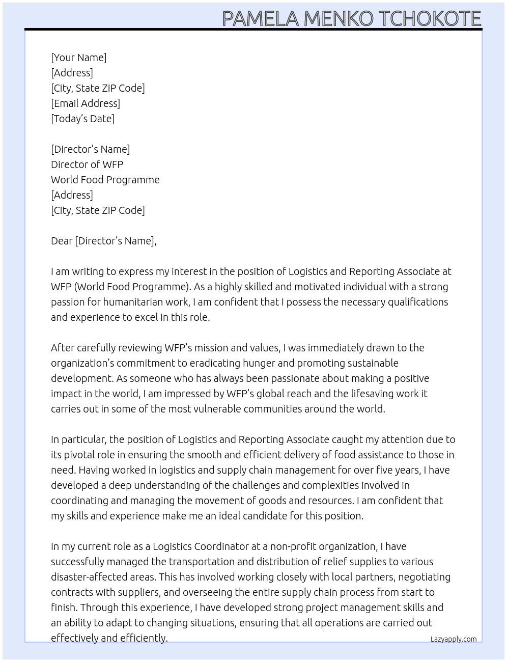 Cover letter for logistics and reporting associate - LazyApply