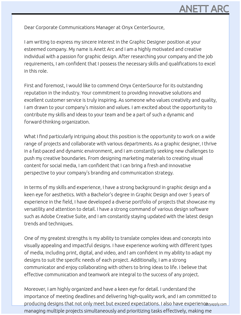 Graphi Designer At Onyx CenterSource Cover Letter