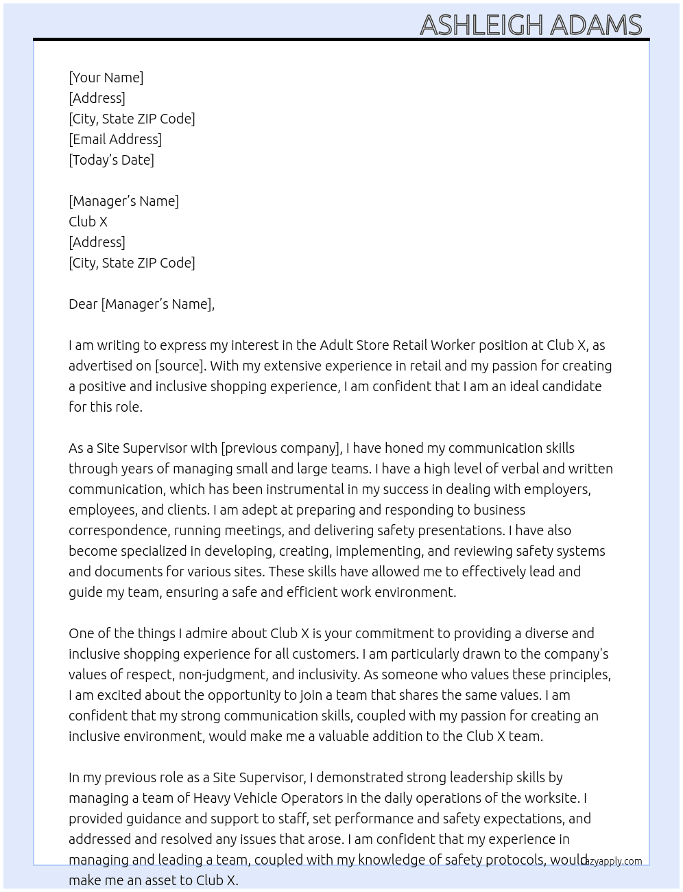 Adult store retail worker At Club x Cover Letter