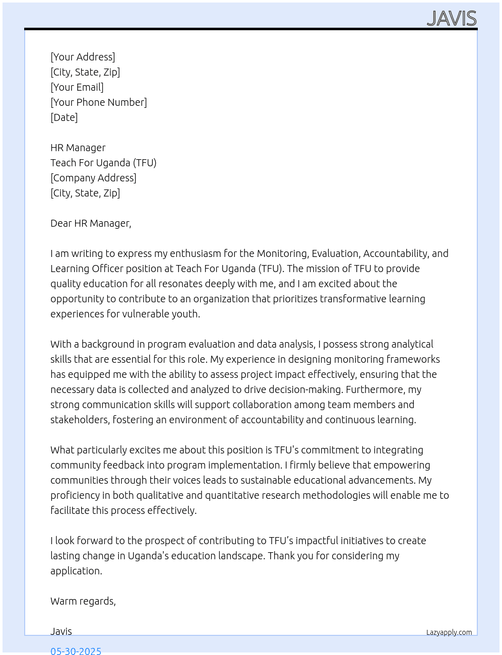 Cover letter for monitoring ,evaluation ,accountability  and learning  officer - LazyApply