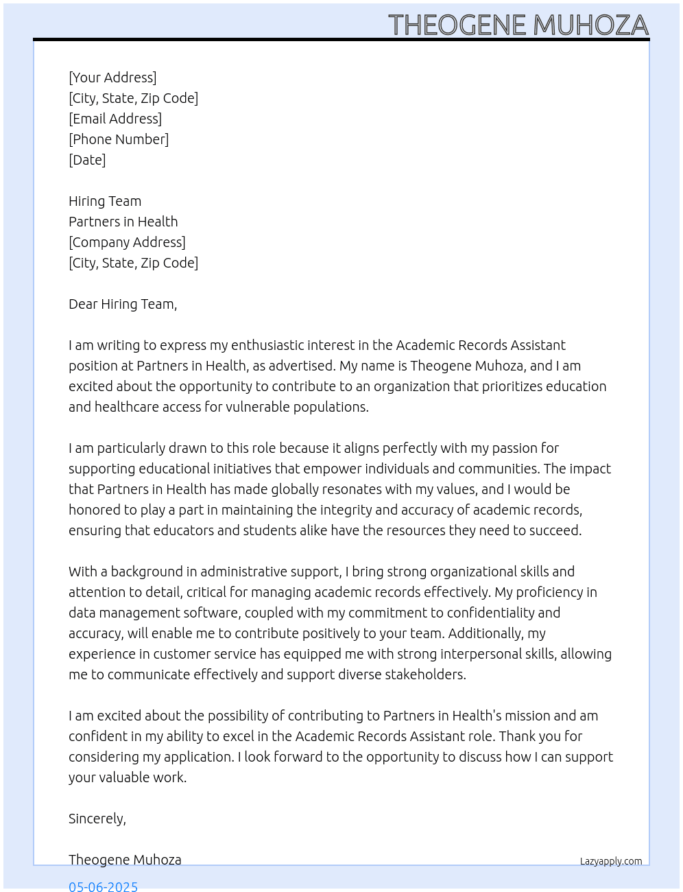Cover letter for academic records assistant - LazyApply