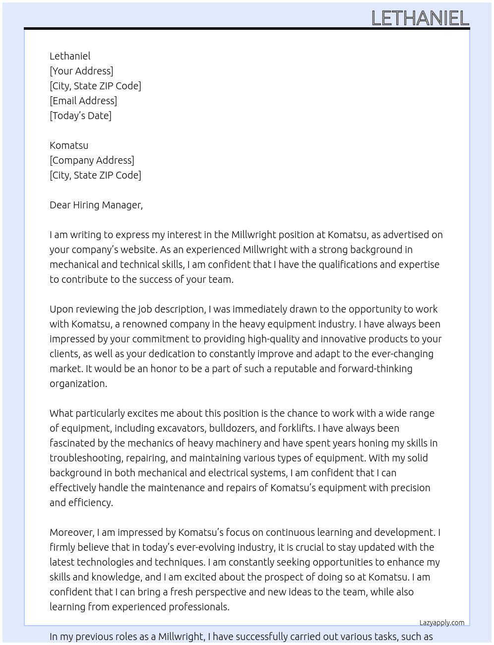 Millwright At Komatsu Cover Letter