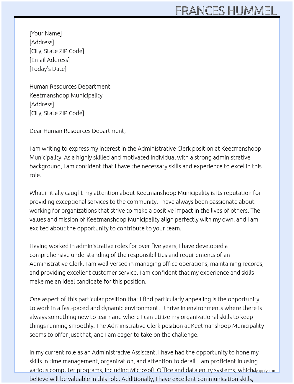 Administrative Clerk  At Keetmanshoop Municipality  Cover Letter