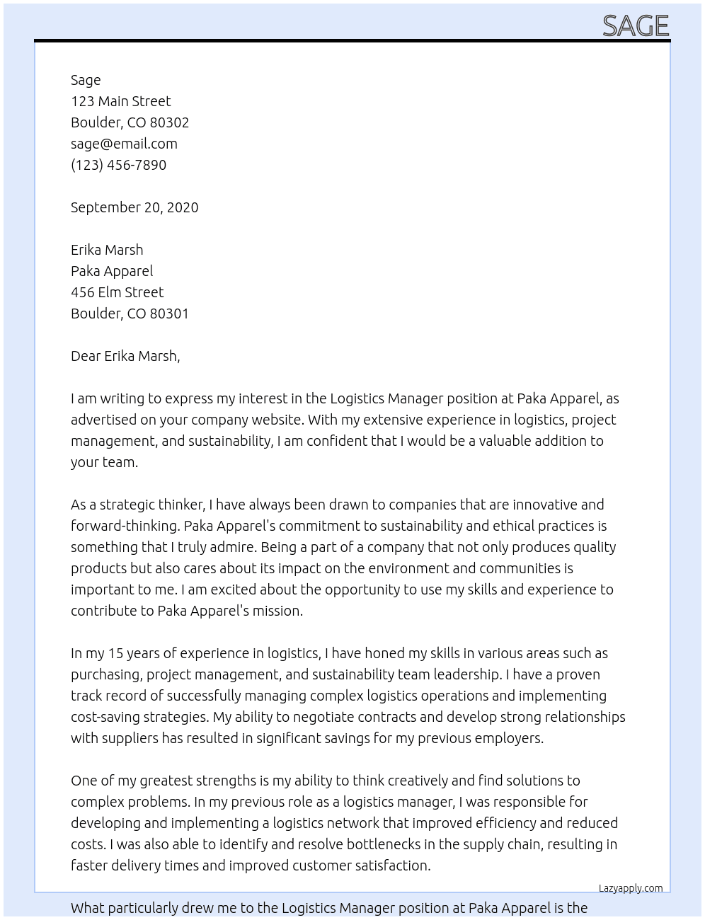 Logistics Manager At Paka Apparel Cover Letter