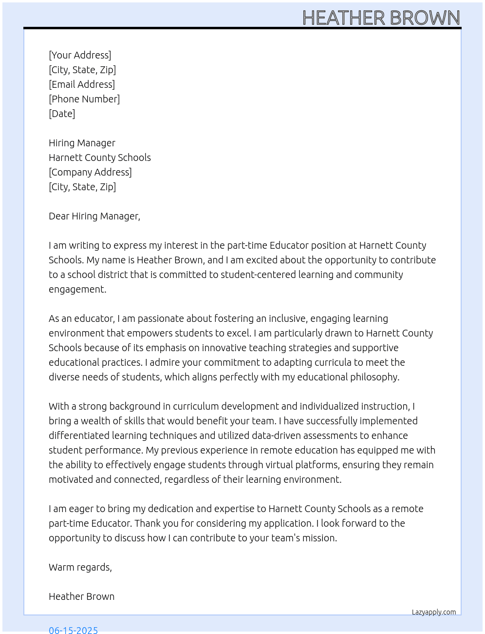 Educator At Harnett County Schools Cover Letter