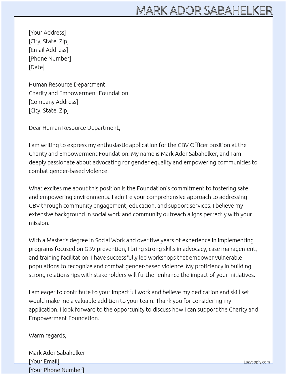 GBV Officer At charity and empowerment foundation  Cover Letter
