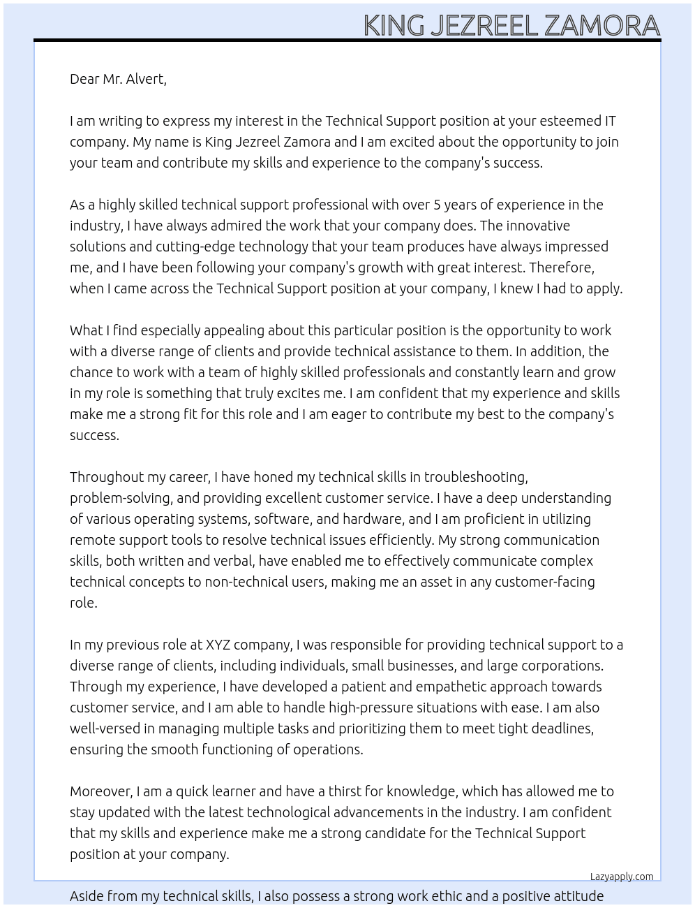 Technical support At IT company Cover Letter