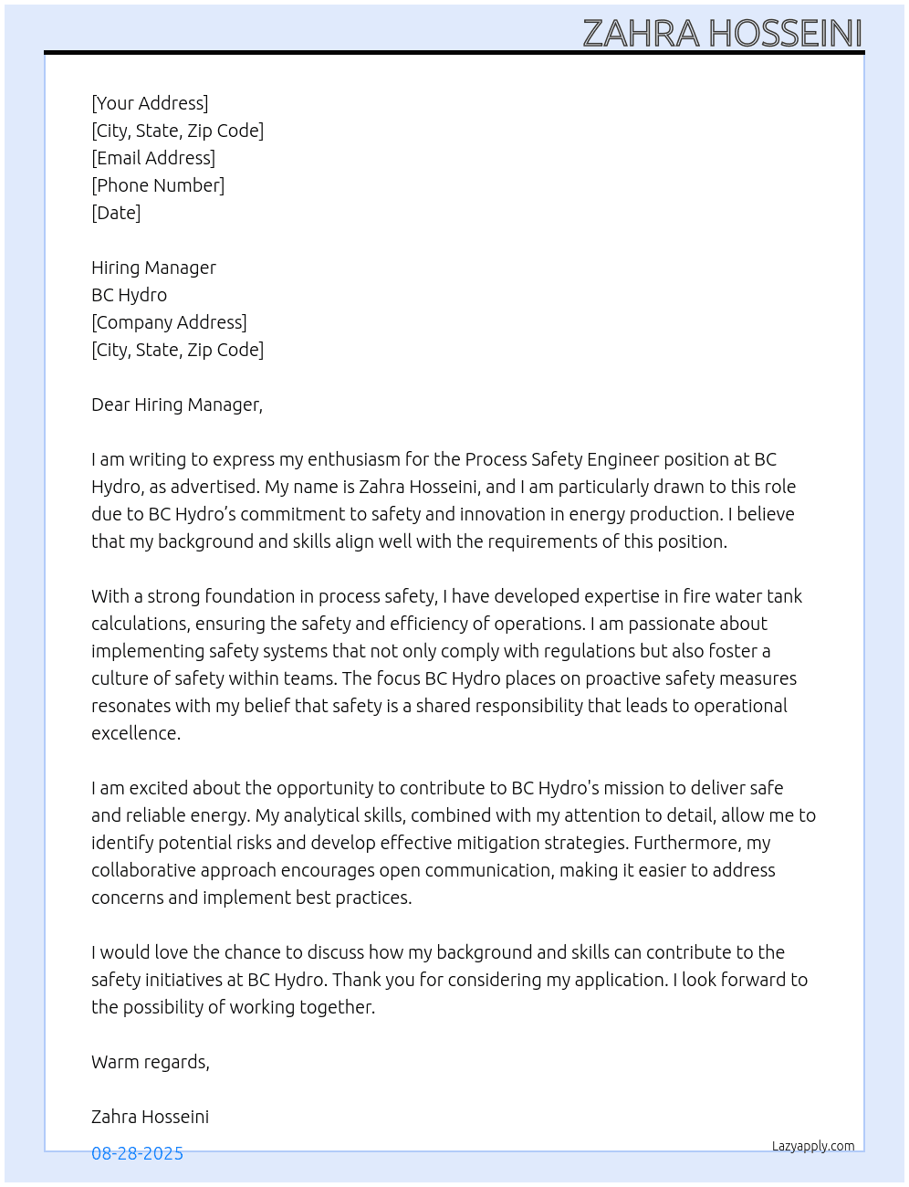 Process safety engineer At BC Hydro Cover Letter