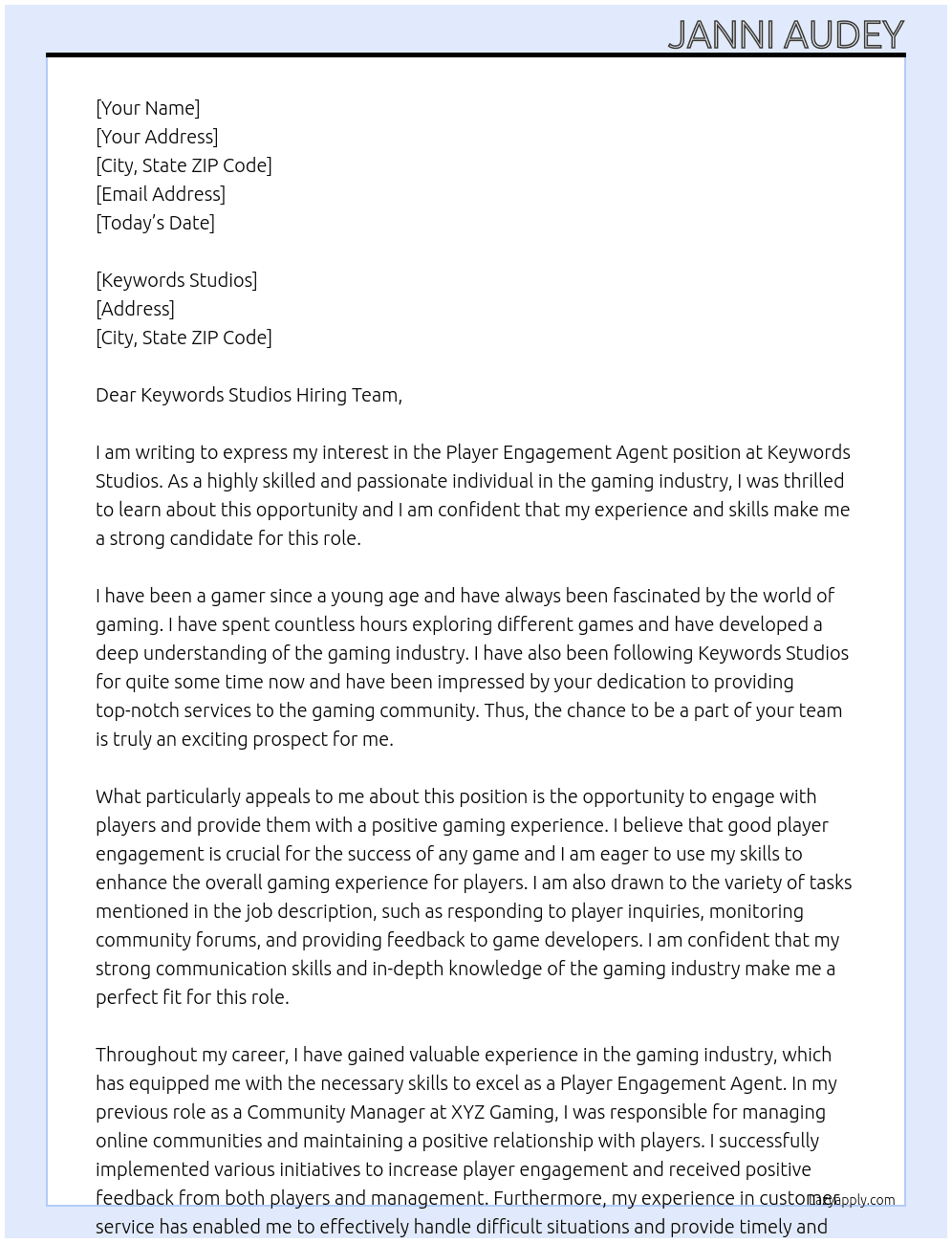 Player Engagement Agent At Keywords Studios Cover Letter