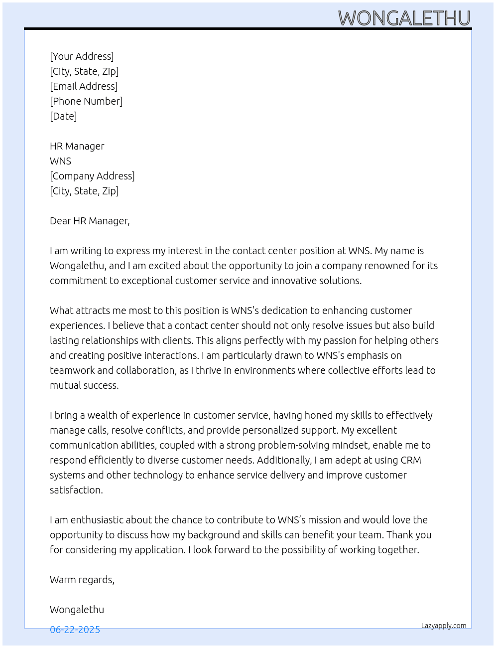 WNS Contact center At WNS Cover Letter