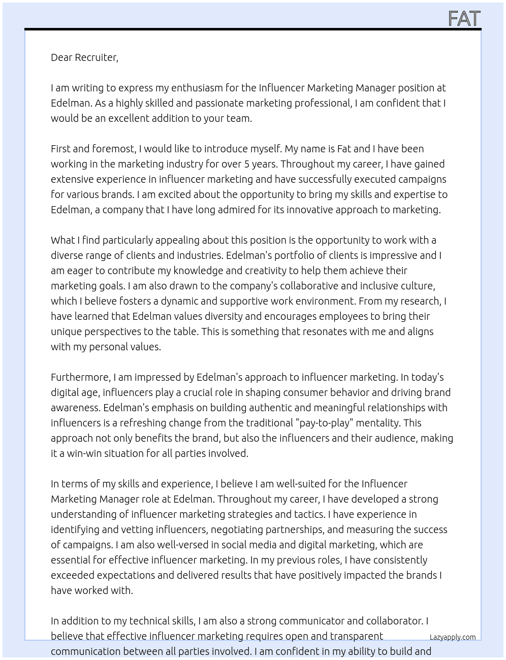 Influencer Marketing Manager At Edelman Cover Letter