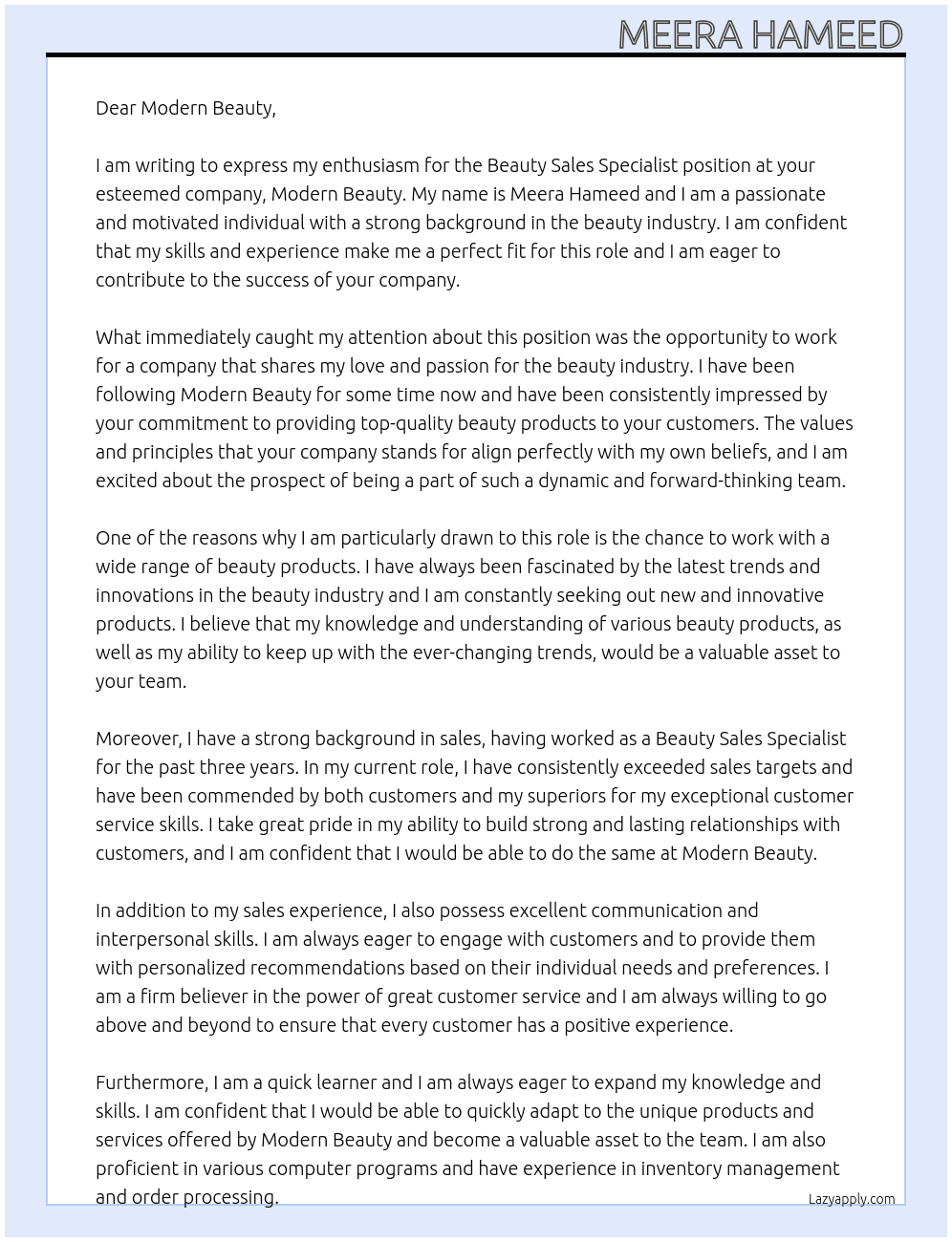 Beauty Sales Specialist At Modern Beauty Cover Letter