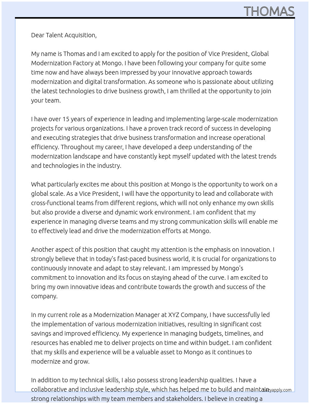 Vice President, Global Modernization Factory At mongo Cover Letter