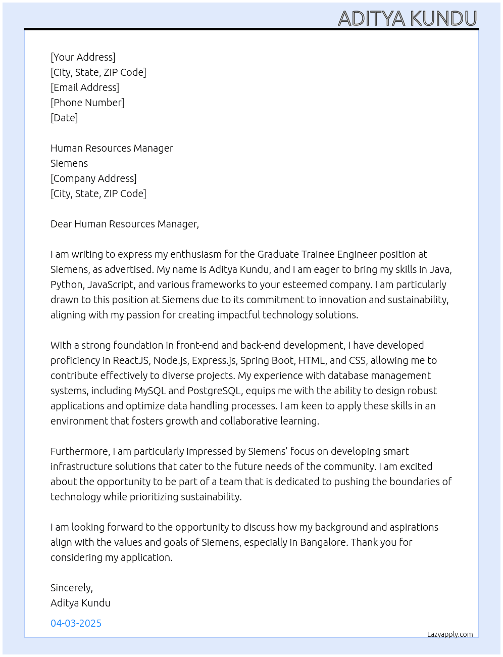 Graduate Trainee Engineer At Siemens Cover Letter