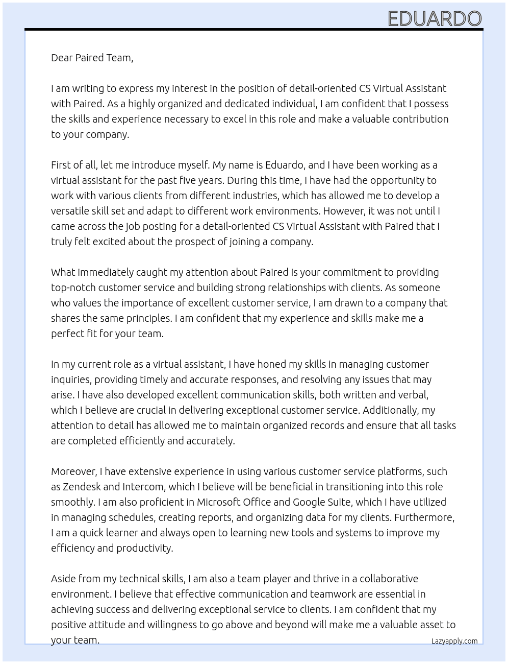detail-oriented CS Virtual Assistant At Paired Cover Letter
