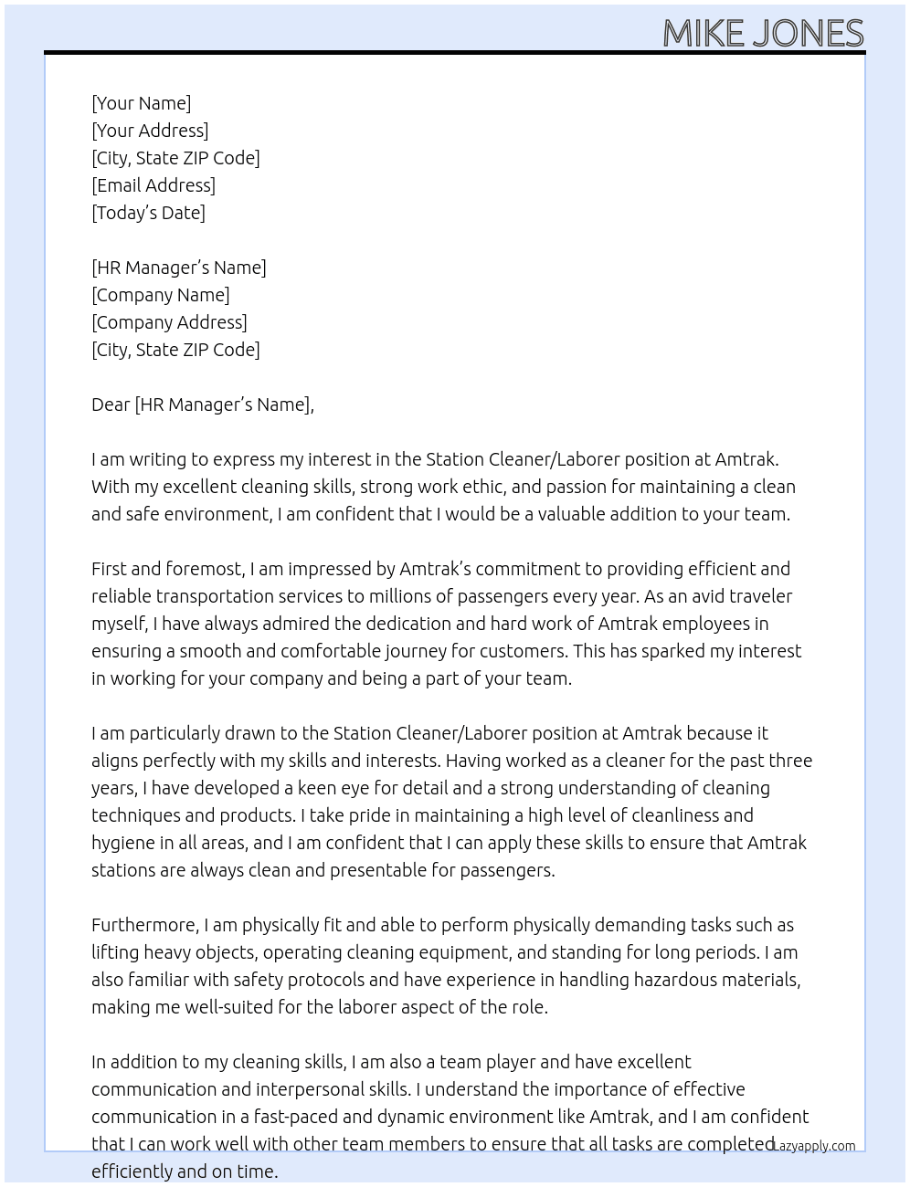 Station Cleaner/Laborer  At Amtrak Cover Letter