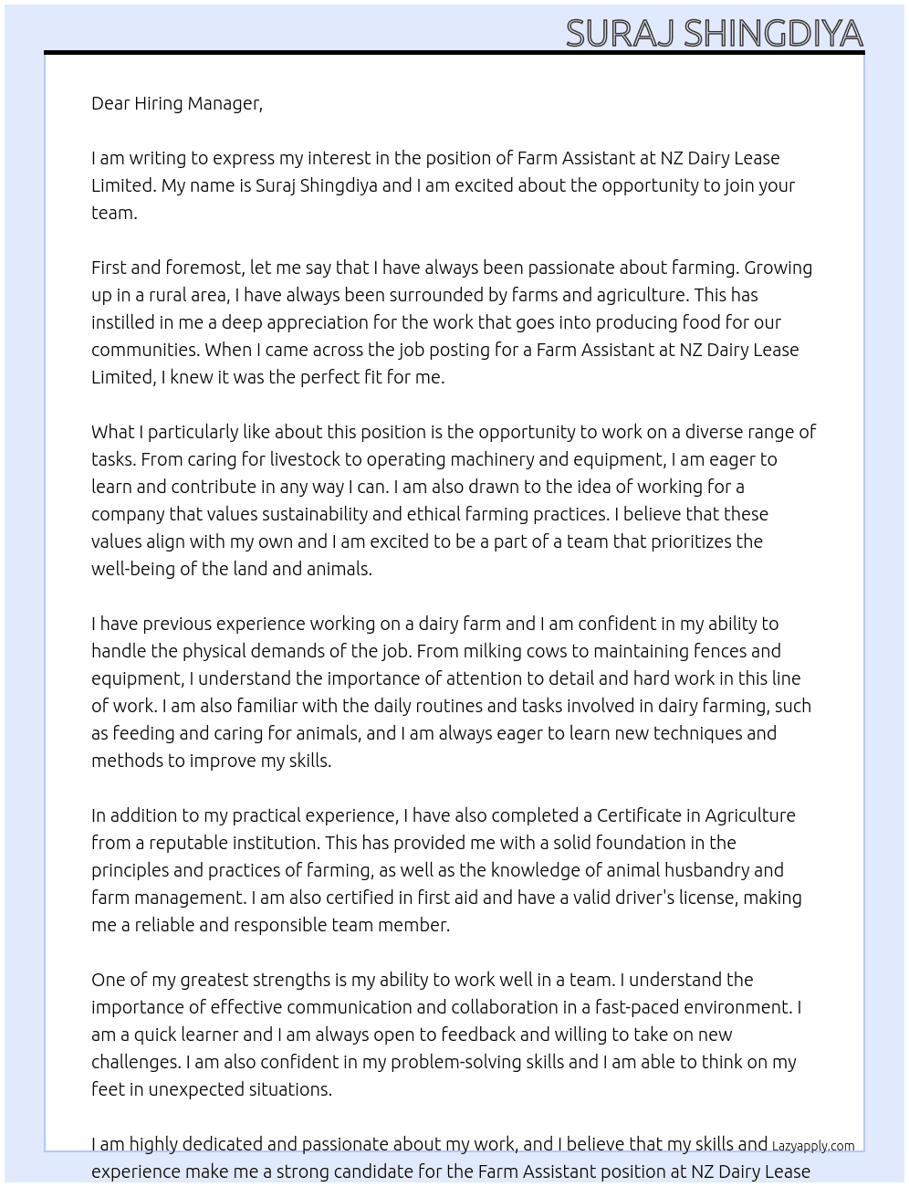 FARAM ASSISTANT  At NZ DAIRY LEASE LIMITED  Cover Letter