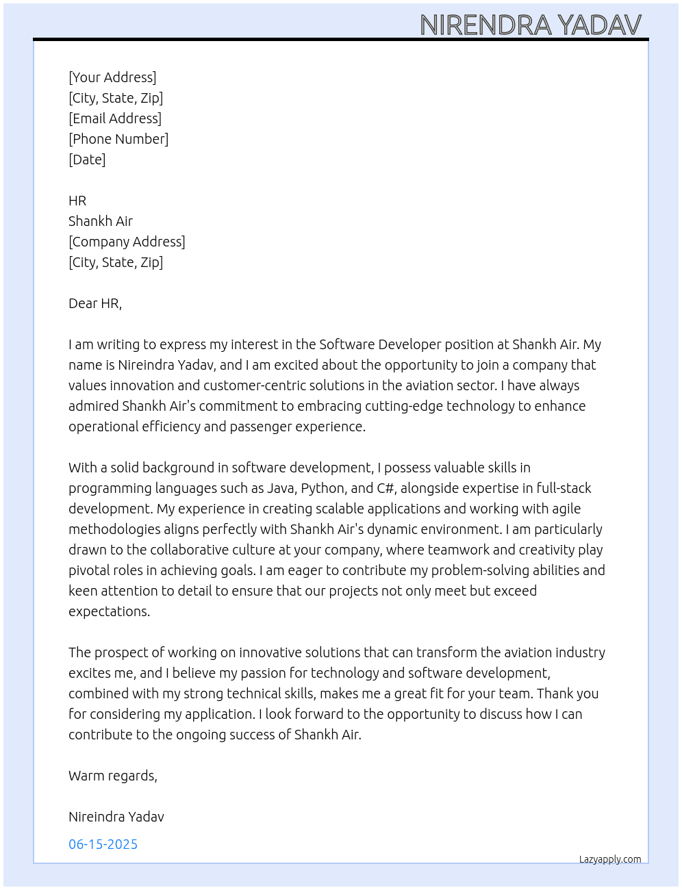 Software developer  At Shankh air Cover Letter