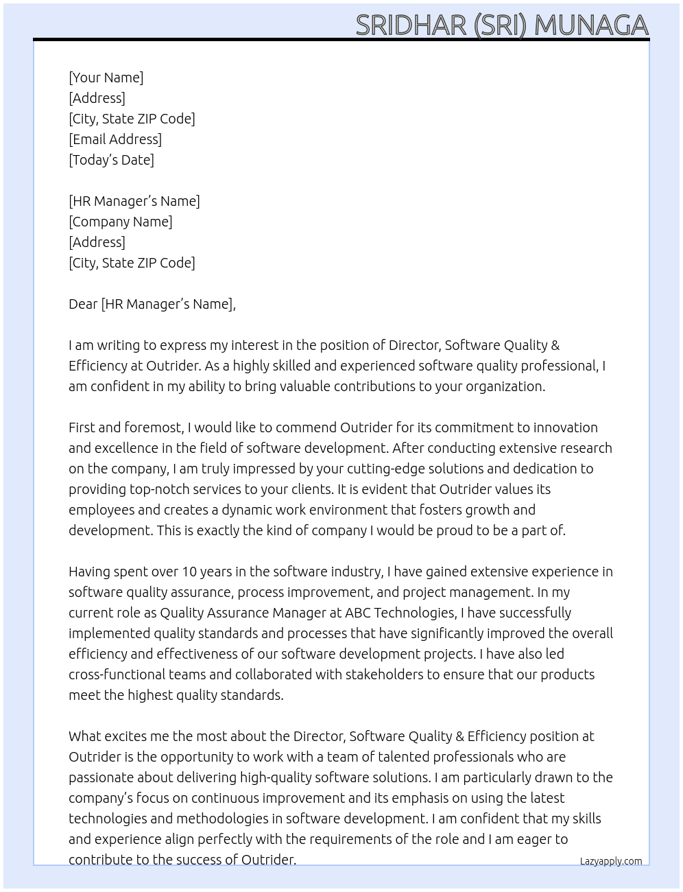 Director, Software Quality & Efficiency At Outrider Cover Letter