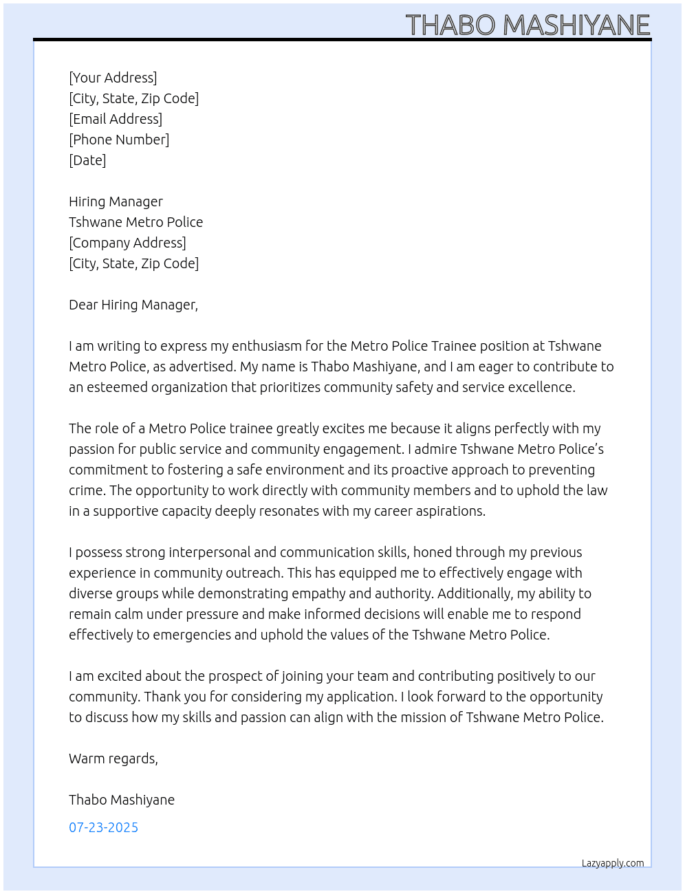 Metro police trainee At Tshwane metro police  Cover Letter