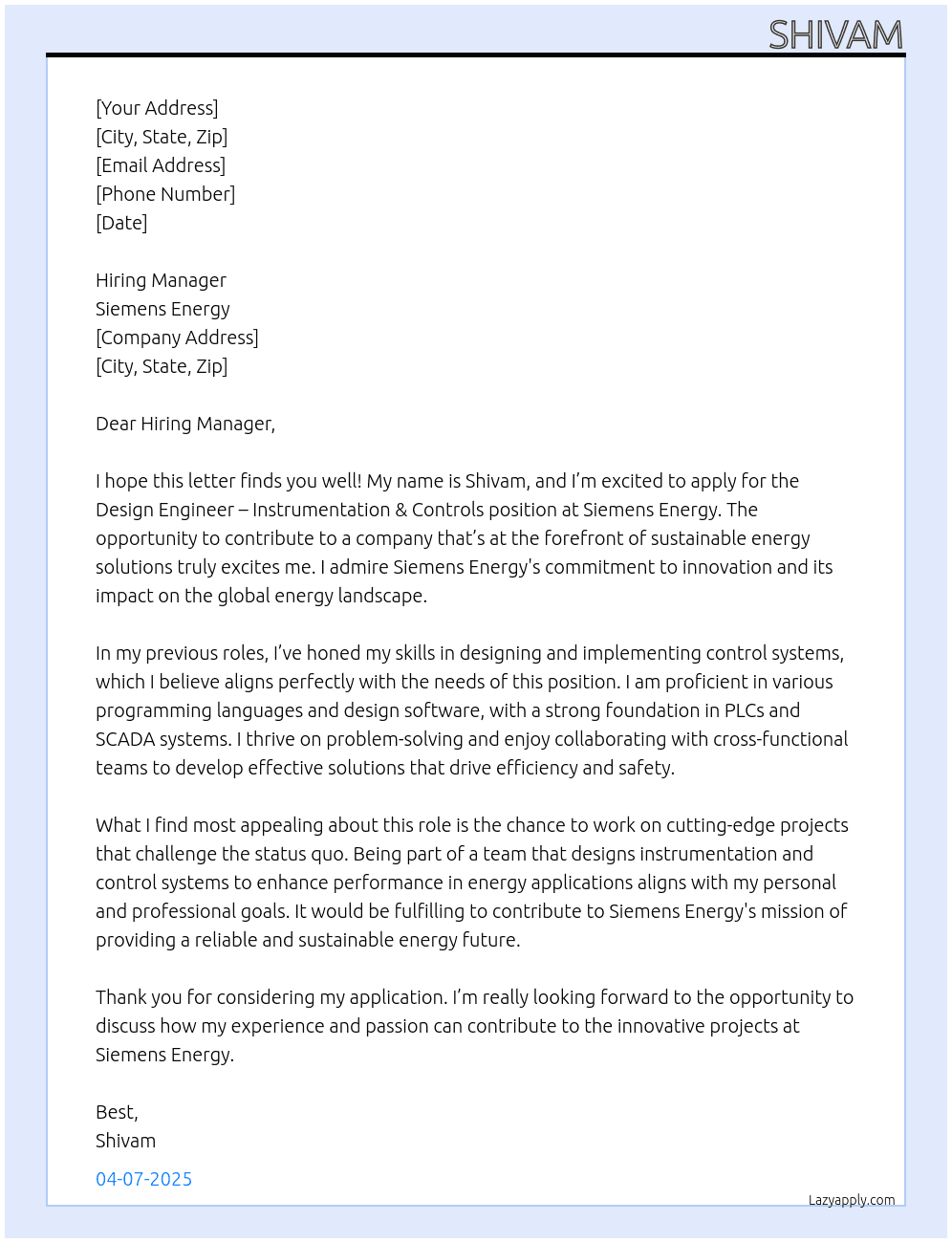Design Engineer Instrumentation & Controls At Simens Energy  Cover Letter