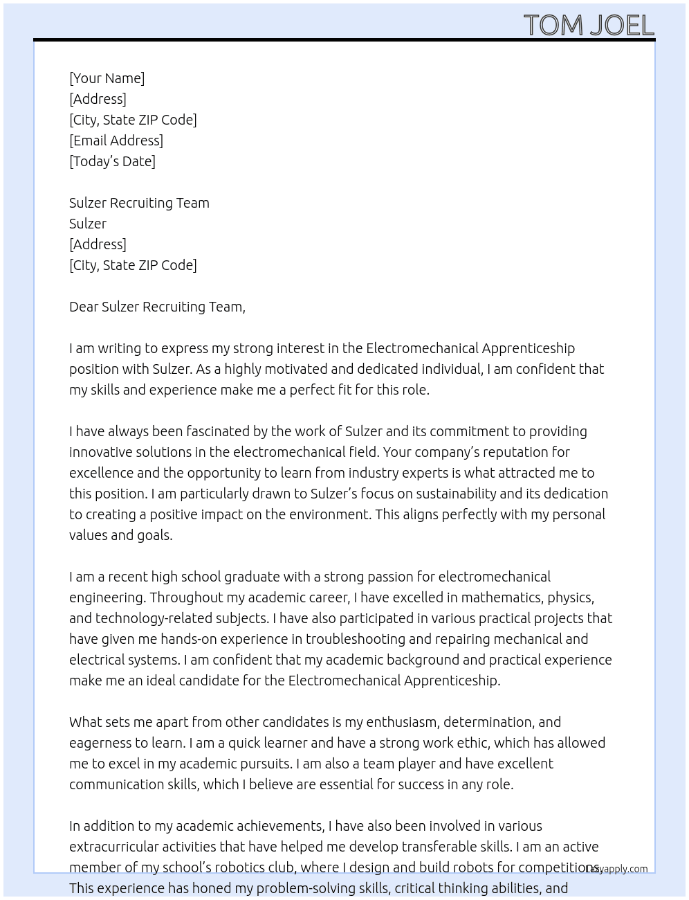 Electromechanical apprenticeship  At Sulzer Cover Letter
