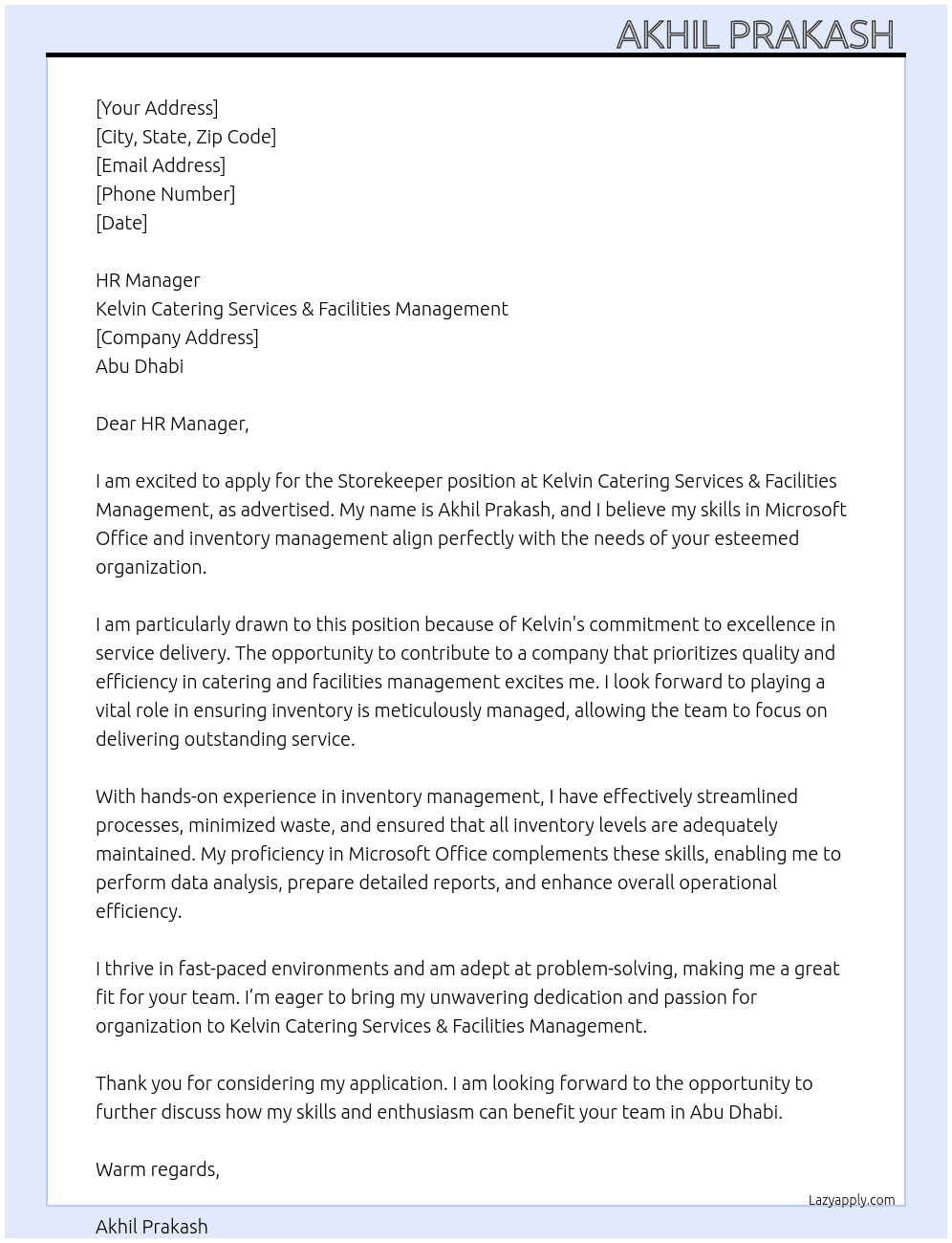 Storekeeper At Kelvin Catering Services & Facilities Management Cover Letter
