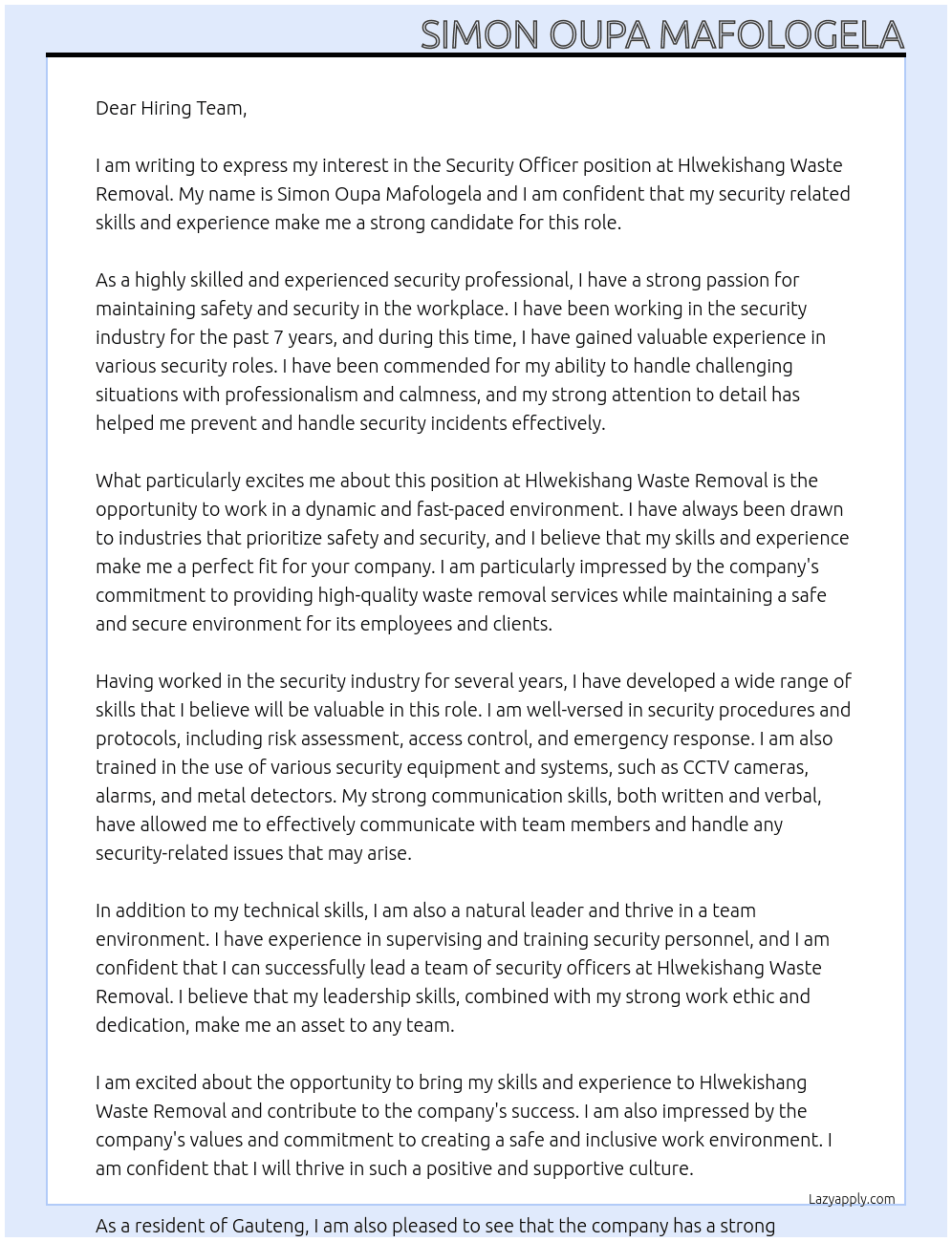 Security Officer At Hlwekishang Waste Removal Cover Letter