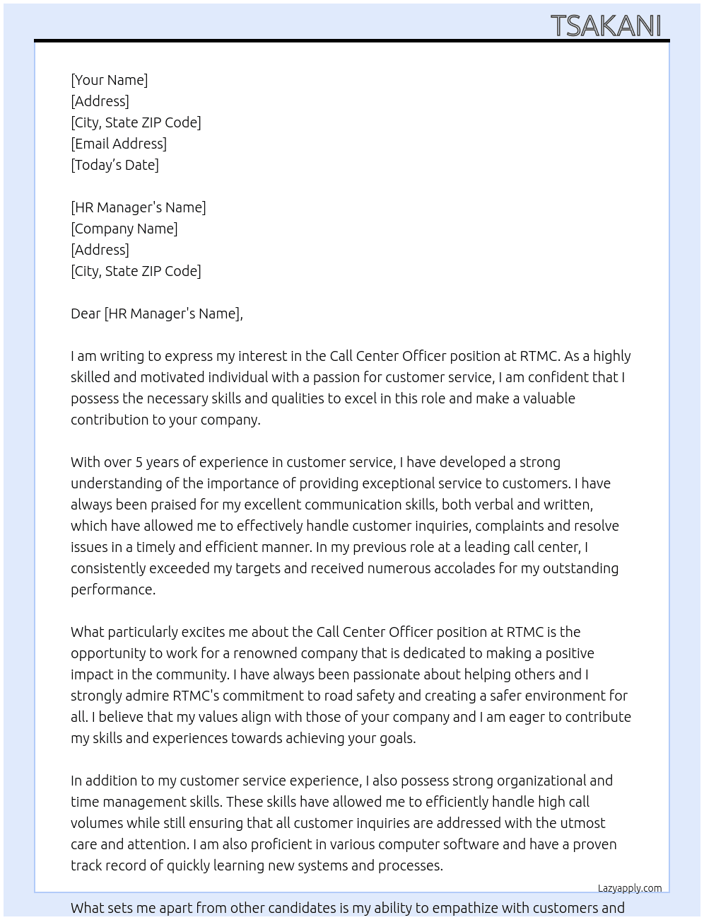 Call Center Oficer  At RTMC Cover Letter
