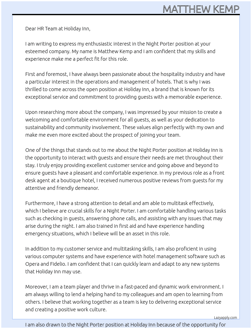 night porter  At holiday inn  Cover Letter