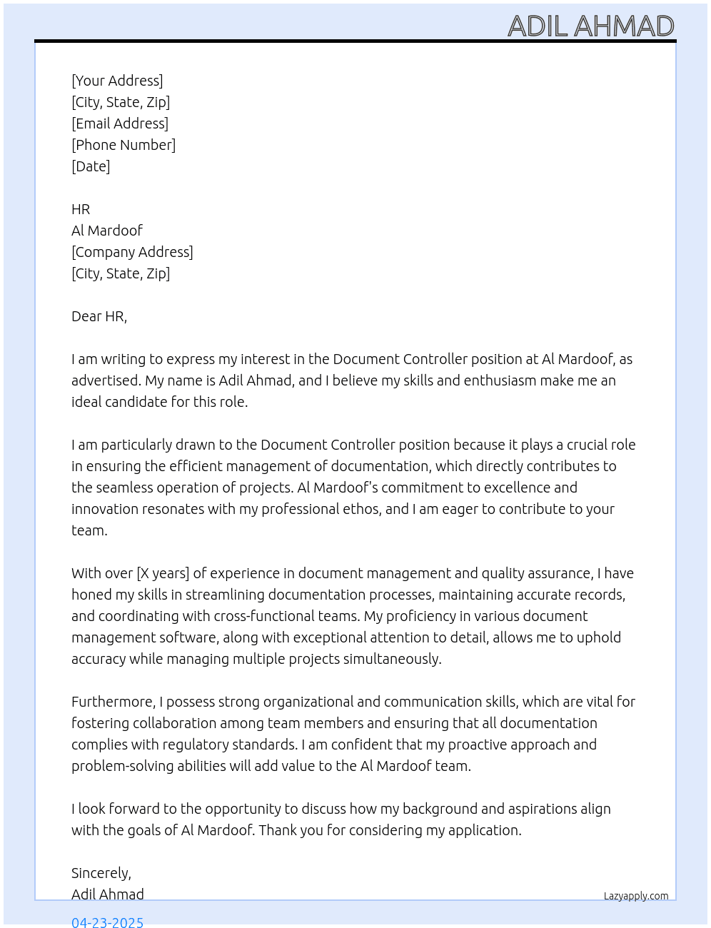 document controller At al mardoof Cover Letter